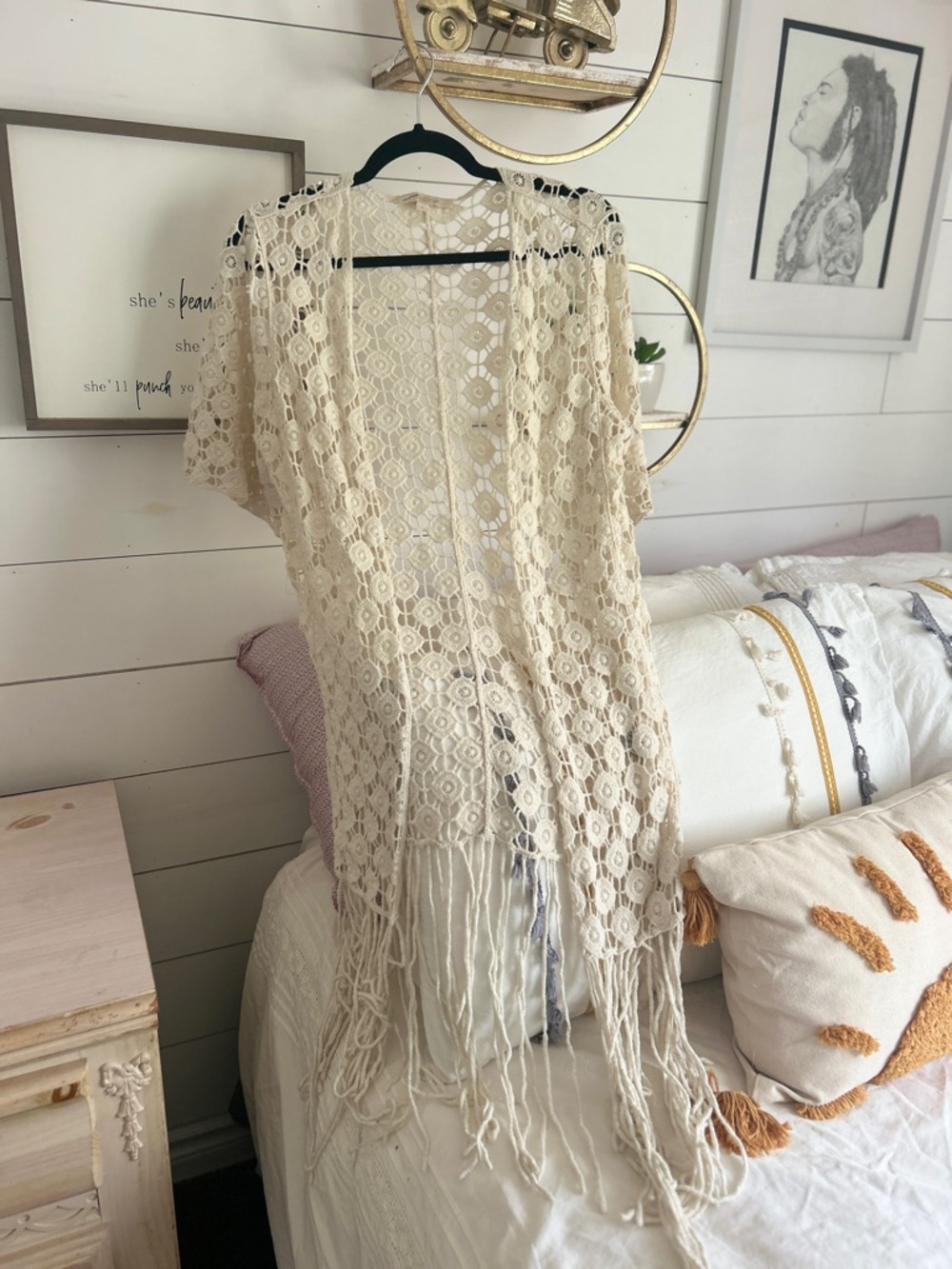 Boho Crochet Fringe Kimono Cardigan - Cream